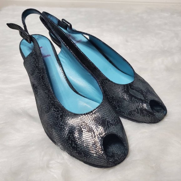 Thierry Rabotin Peep Toe Snake Skin Sling Backs, 7.5 - Picture 1 of 9